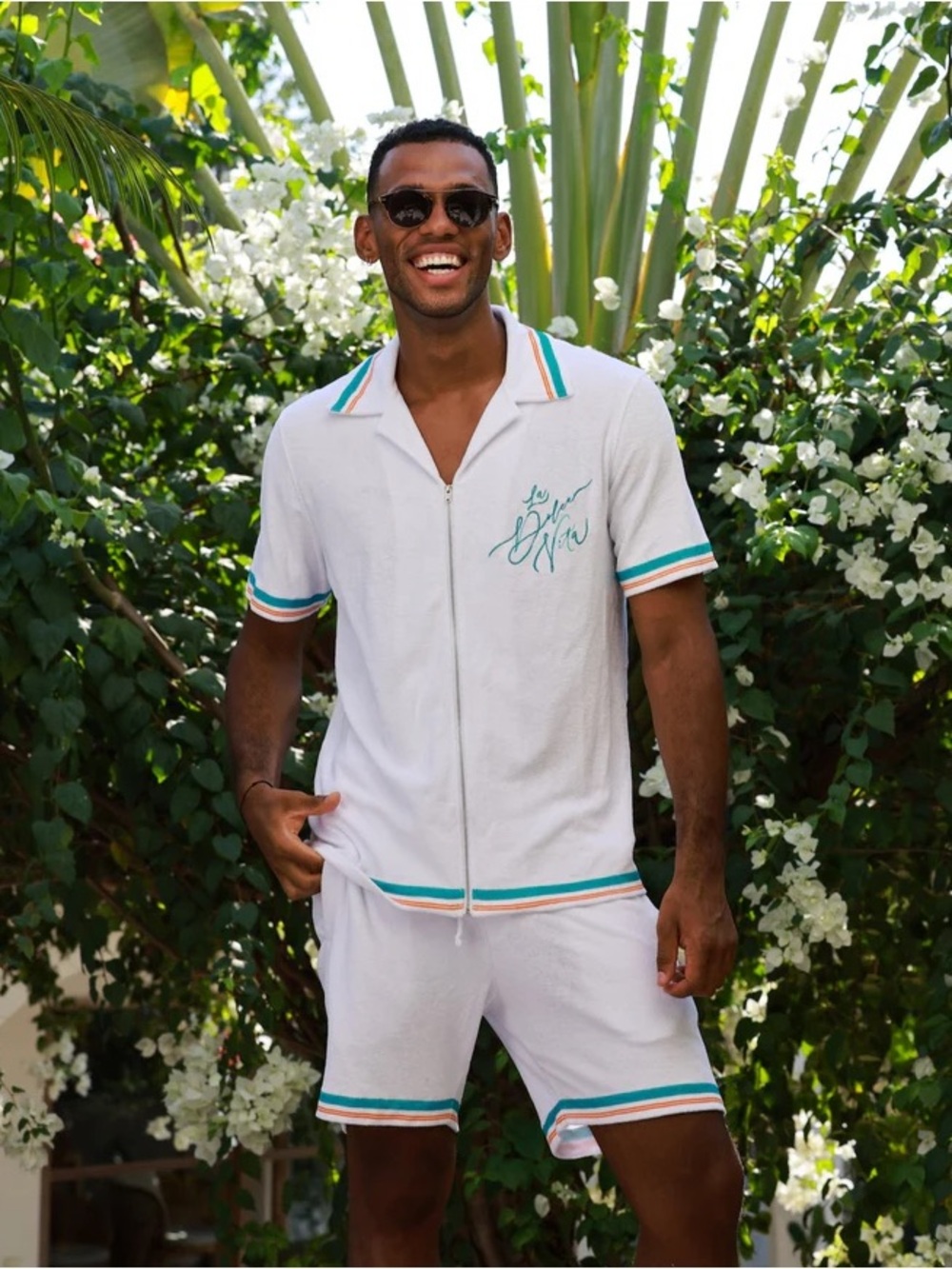 Kenny Flowers White Terry Zip Polo & Shorts with Teal and Orange Trim